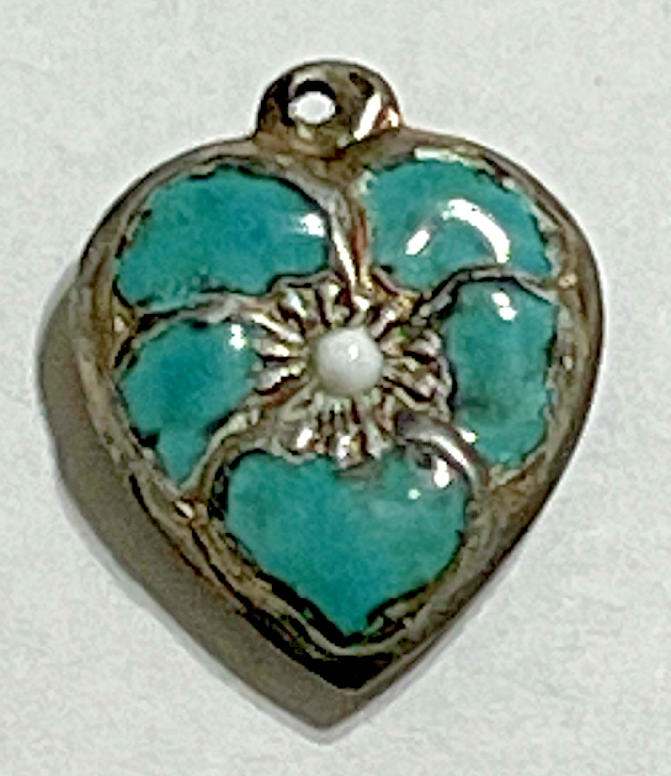 Sterling Silver Heart Flower Charm Puffy Enamel Pansy 925 Vintage Stamped Blue