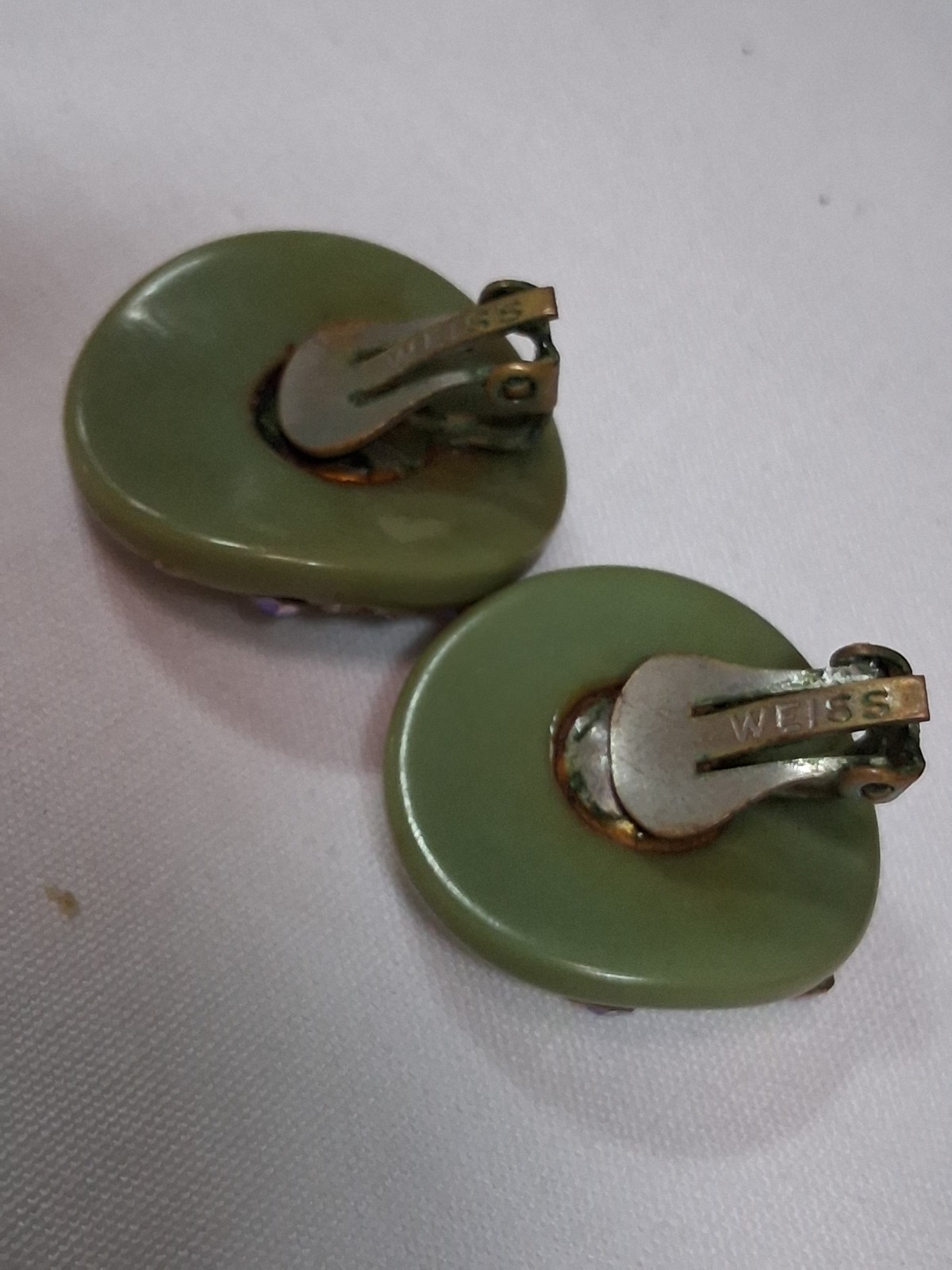 Vintage Weiss Aurora Borealis Earrings GREEN Bakelite Clip-on Tested Signed