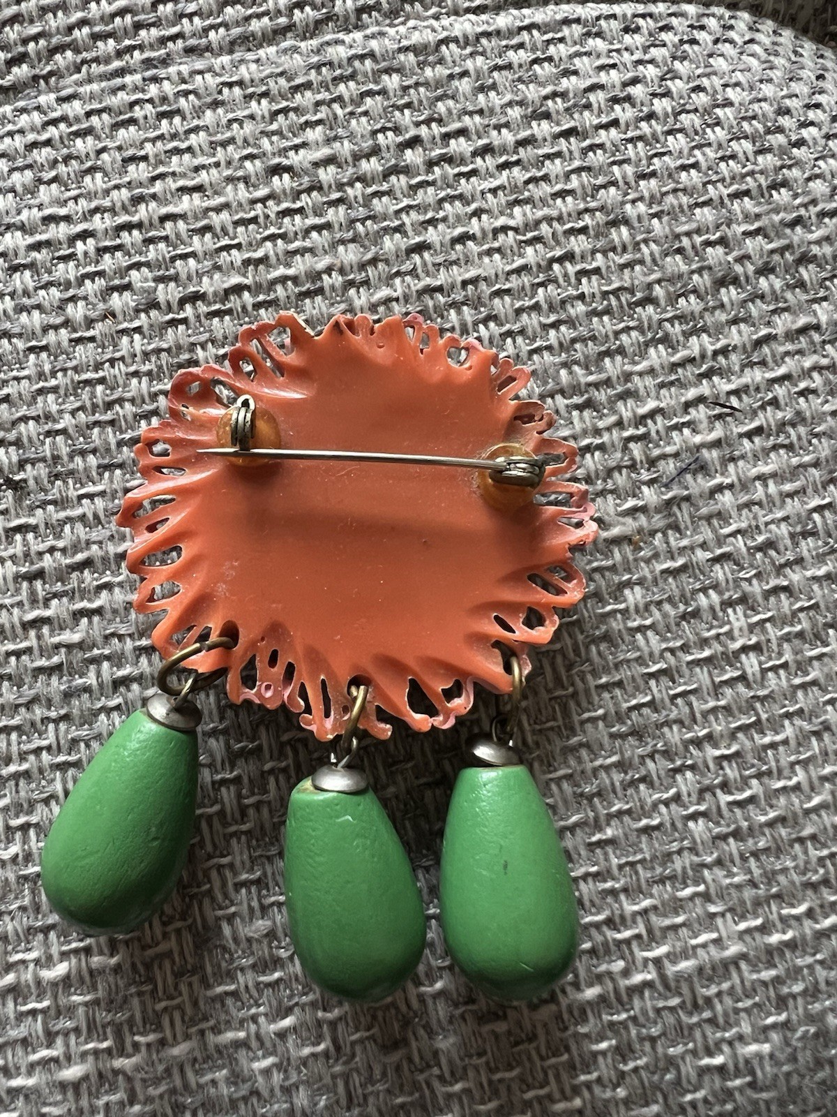 Vintage Pink And Cream Plastic Flower Pin with 3 Dark Green Wood Tassels