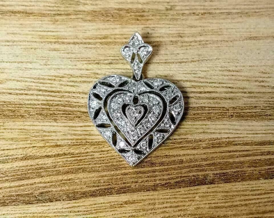 Art Deco Vintage Heart Pendant 2Ct Round Simulated Diamond 14K White Gold Plated