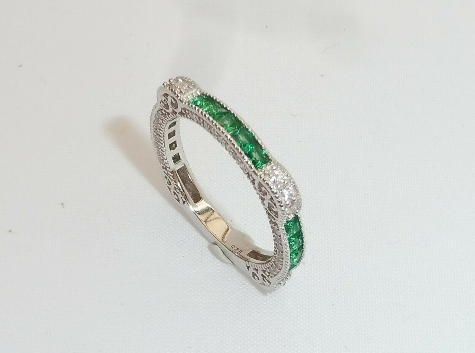 3/4 CTW Green Princess Cut CZ Art Deco Wedding Antique Eternity Silver Band Ring