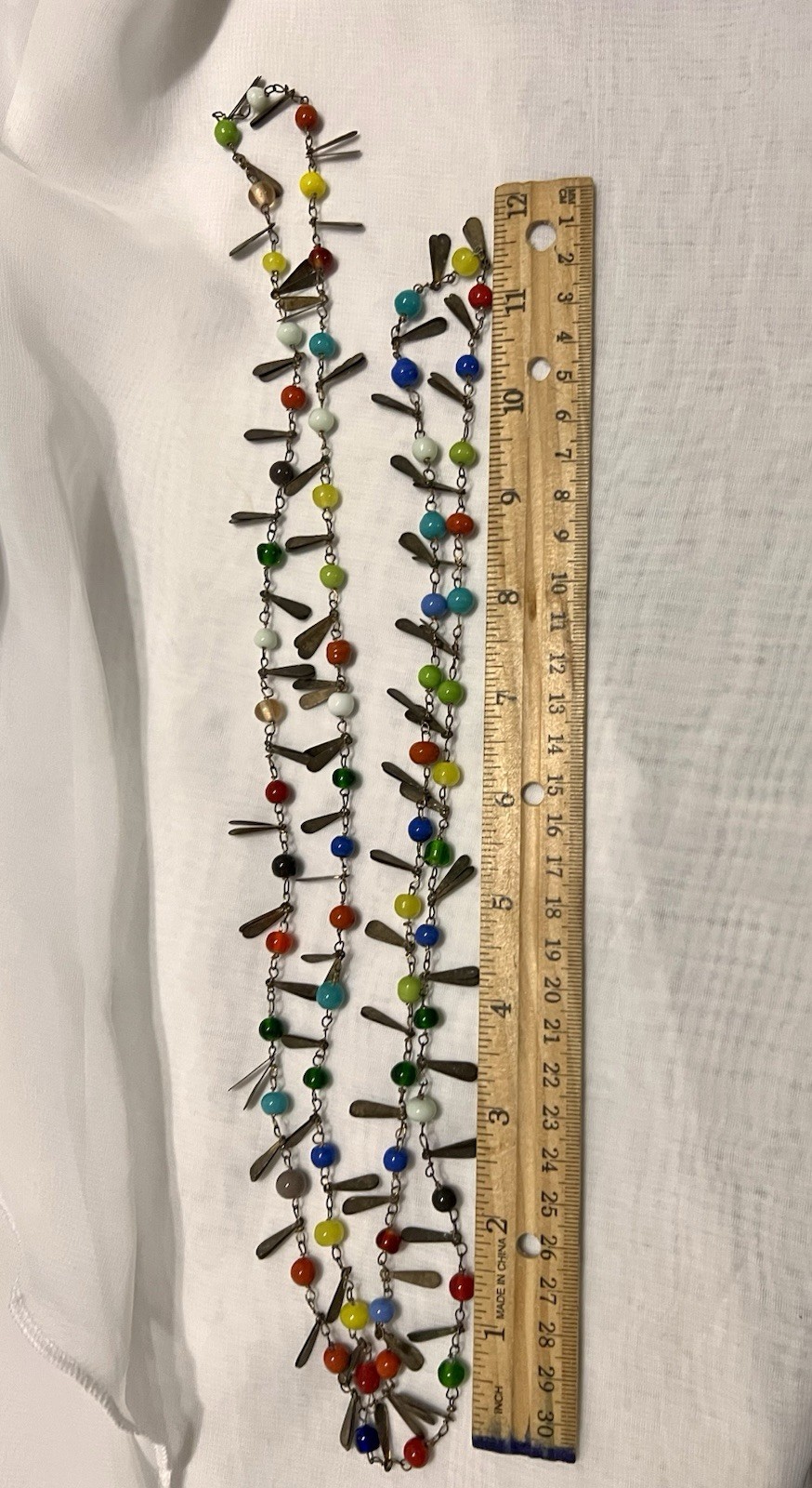 CZECH Flapper Length 54″ ART GLASS BEAD & TEARDROP METAL TAG Necklace VINTAGE