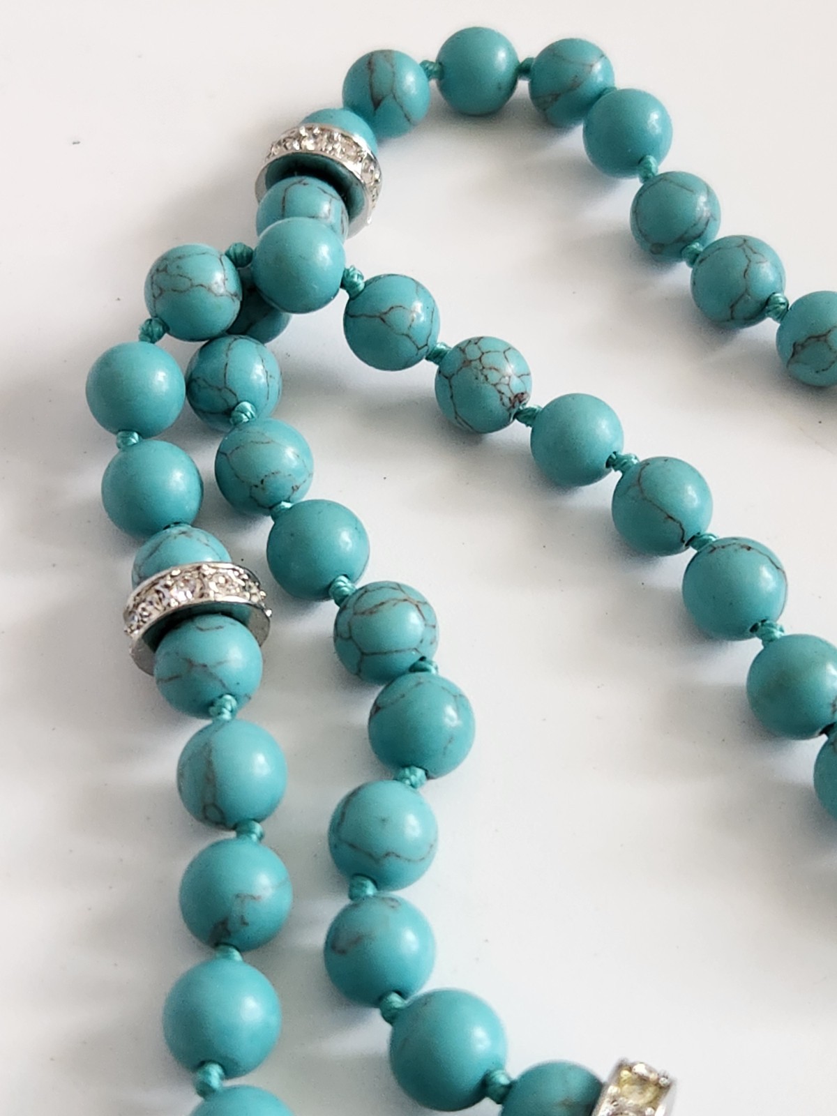 Vintage Genuine Turquoise Pave Rhines Hand Knot Necklace 50″ Mag Adjust 16 + 34