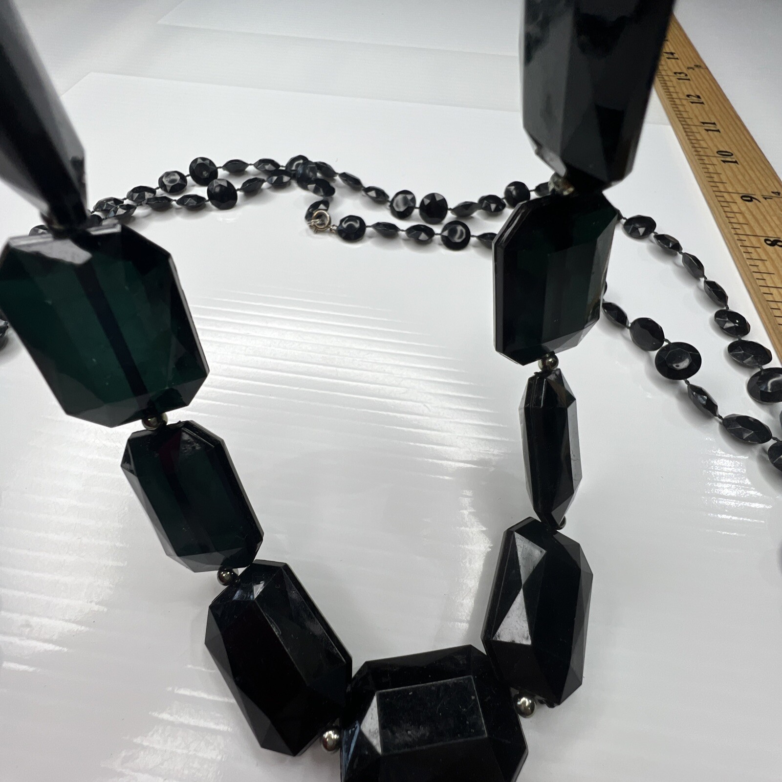 H1 Lot Dark Green Black Resin Lucite Beaded Jewel Shapes 70s Retro Necklaces