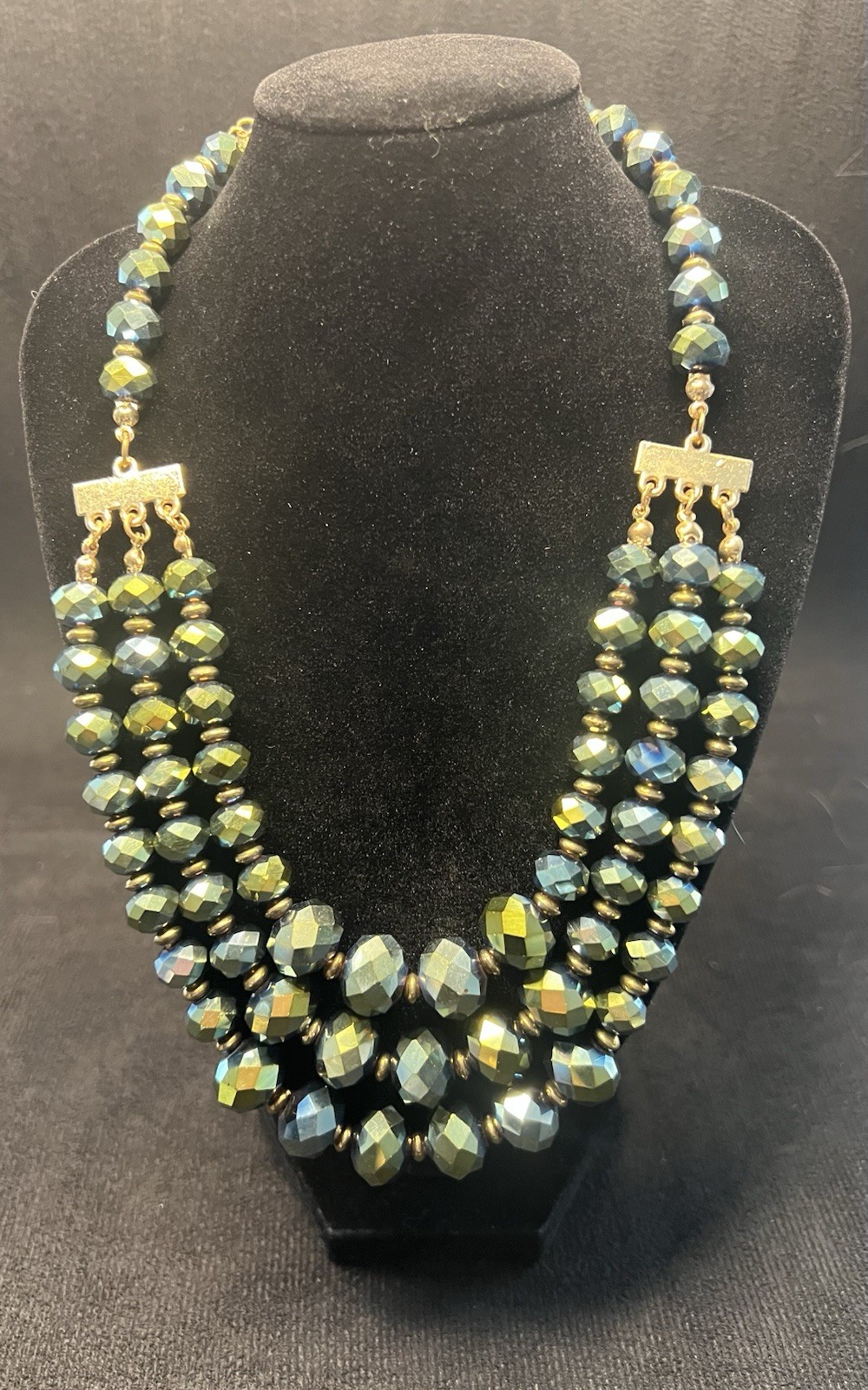 Vintage Emerald Green Blue AB Crystal Glass Necklace 3 Strand Graduated Faceted