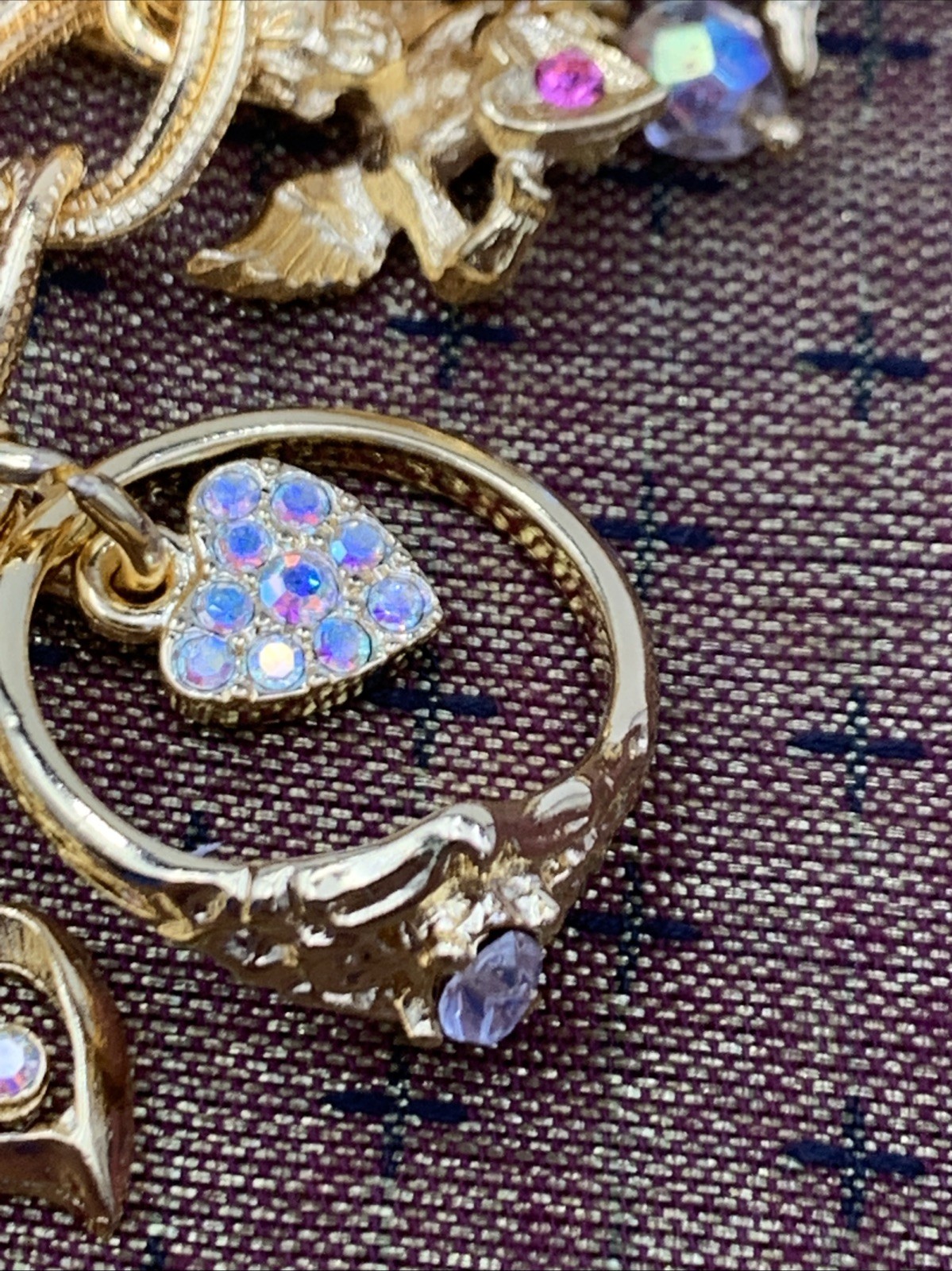 Kirks Folly Gold Tone Charm Bracelet Cupid Hearts Rings Crystals Angel
