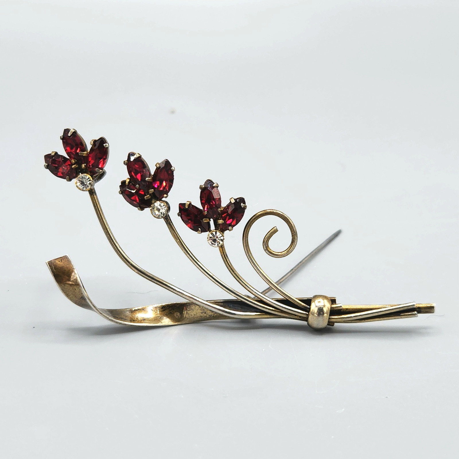 Retro Gold Wash Sterling Silver Siam Red Marquise Glass Flower Bouquet Brooch