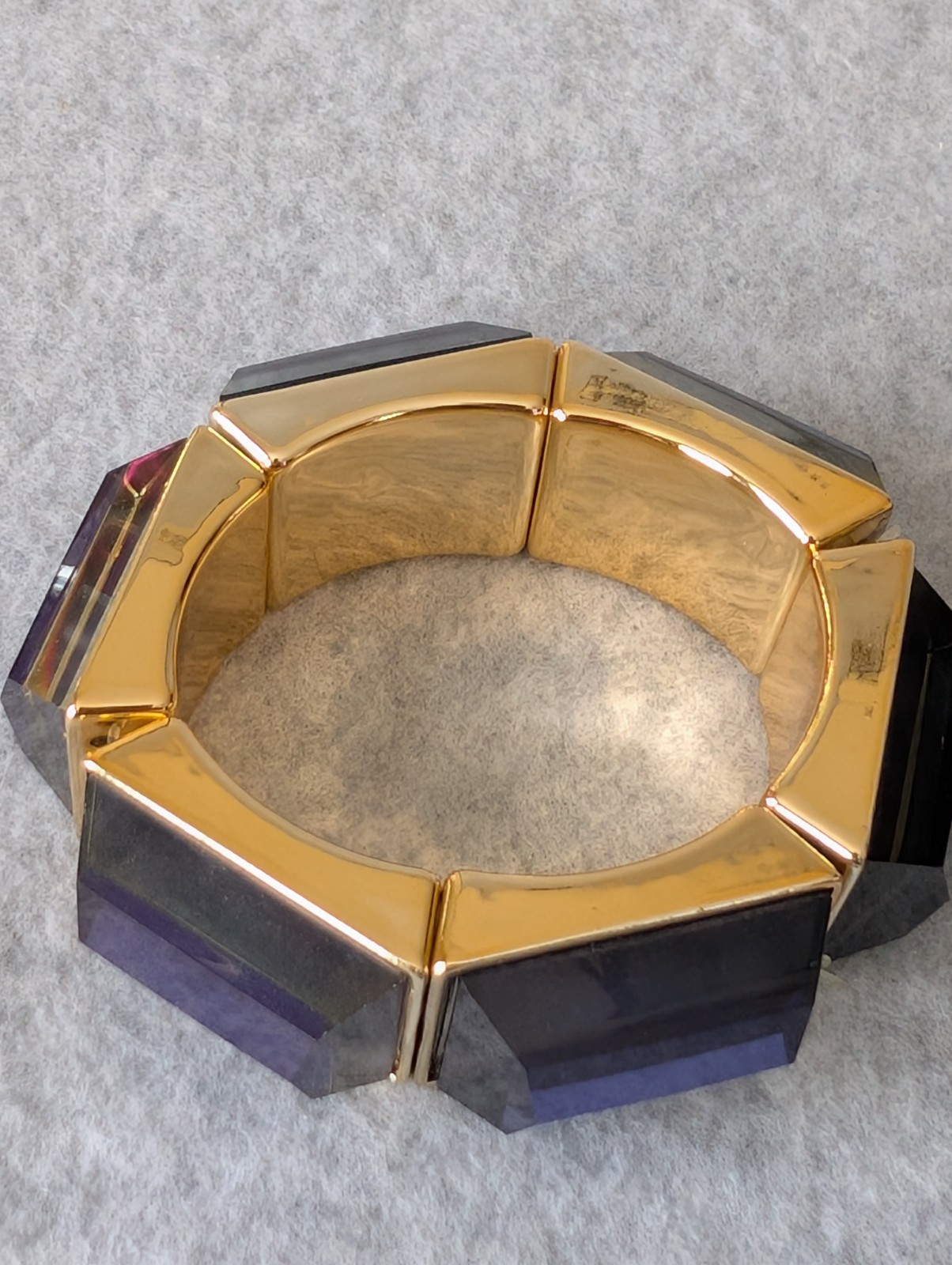 Large Gemstone Faux Amethyst Acrylic Faceted Cuff Bracelet Stretch Gold Tone