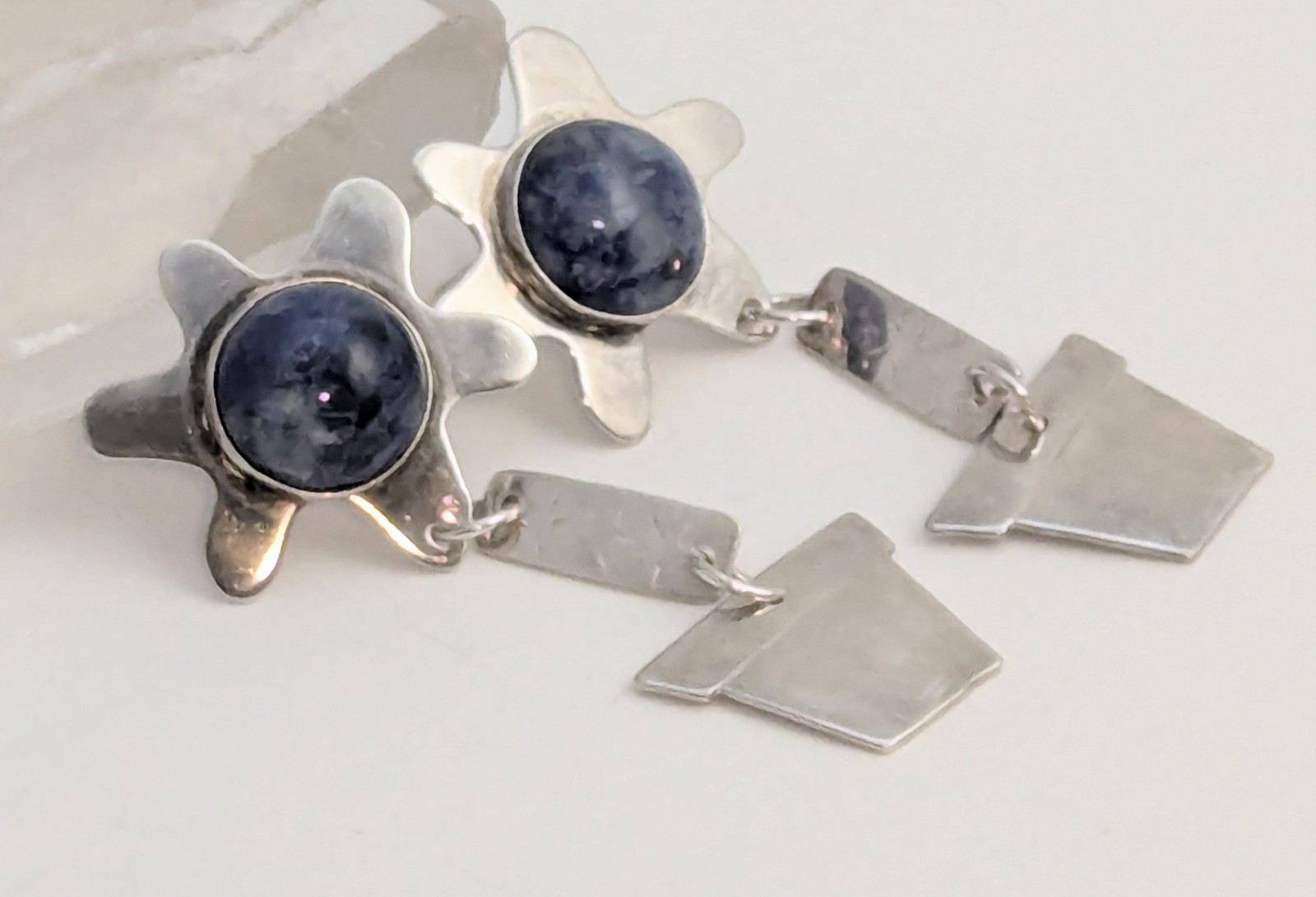 Vtg Anne Forbes Sterling Silver Sodalite Articulated Abstract Flower Earrings