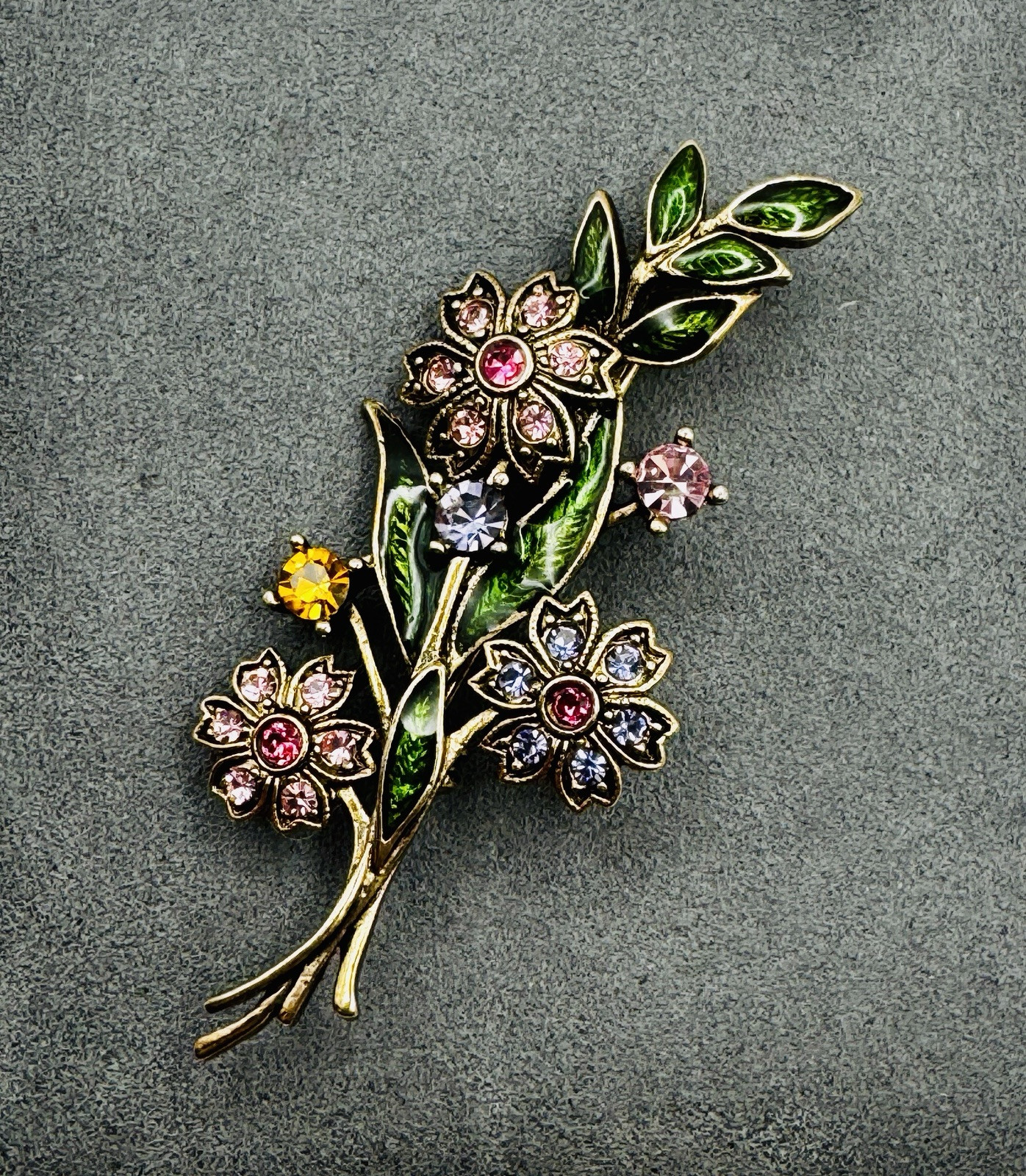 Jeweled Flower Bouquet Brooch Purple Pink Rhinestone Enamel Metal Beautiful