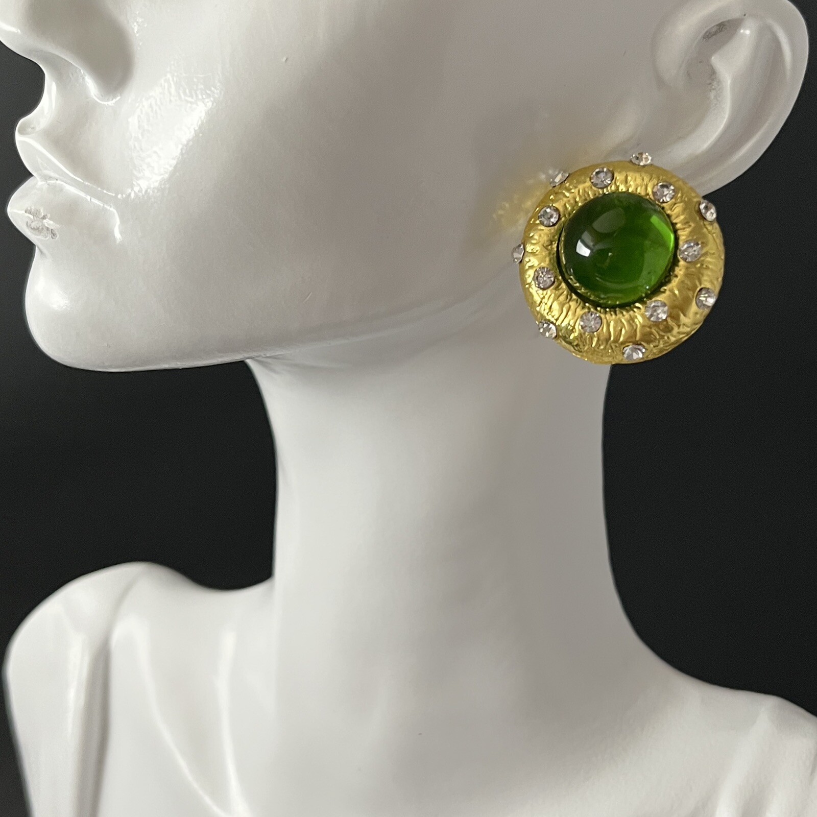 Gold Tone Cabochon Earrings Green Gripoix Glass Round Dome Pierced Crystal Glam