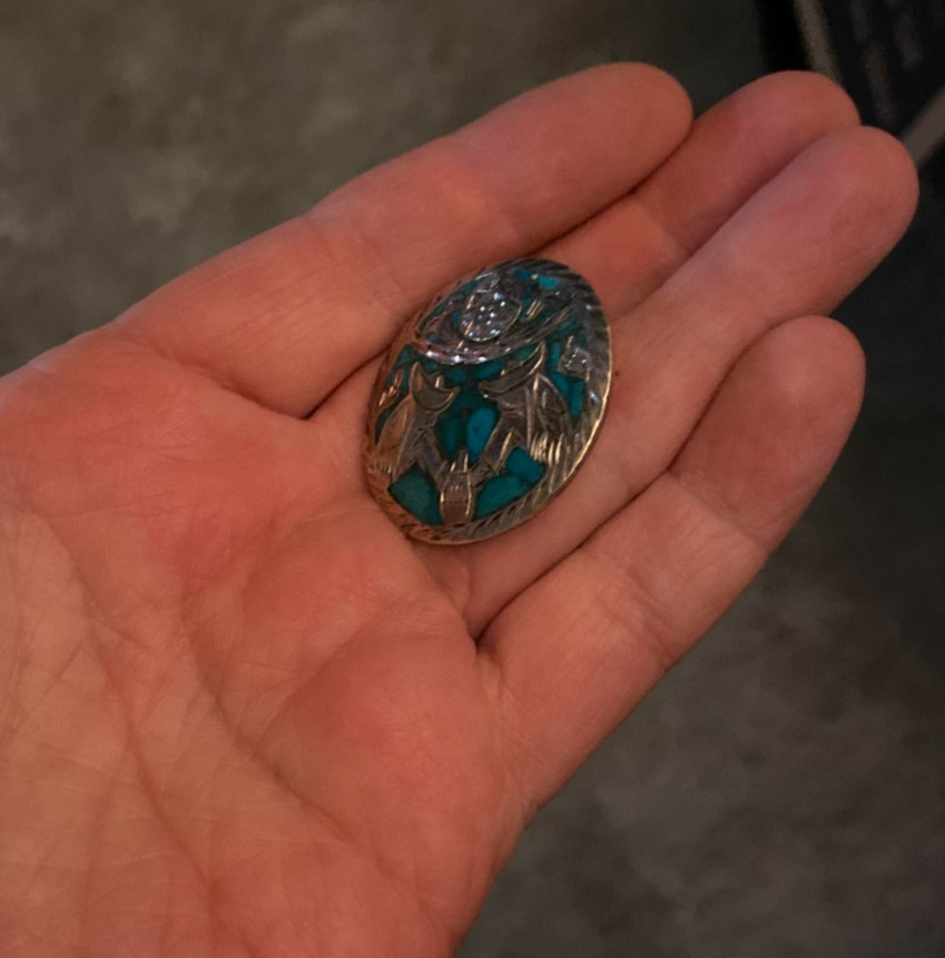 Vintage Mexico Sterling Silver & Inlaid Turquoise Pendant / Brooch Hand Made