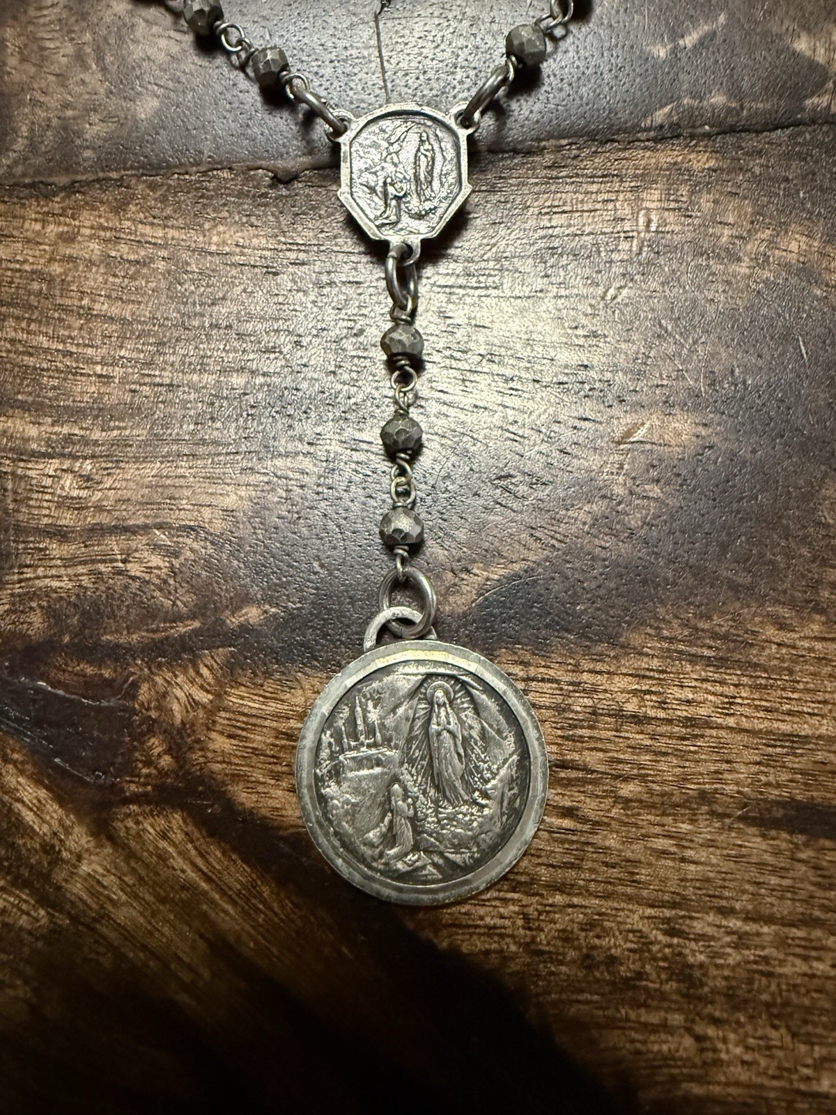 Vintage Silver Rosary Necklace with Long Flat Links and Metal Beads, Reversible