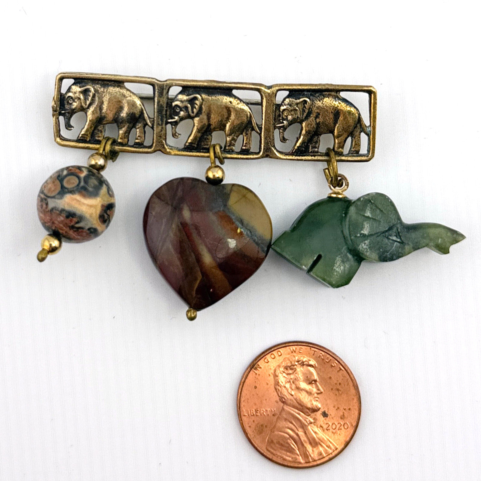 Brass Elephant Brooch Jadeite Jasper Agate Charms Great Falls Metal Works GFMW