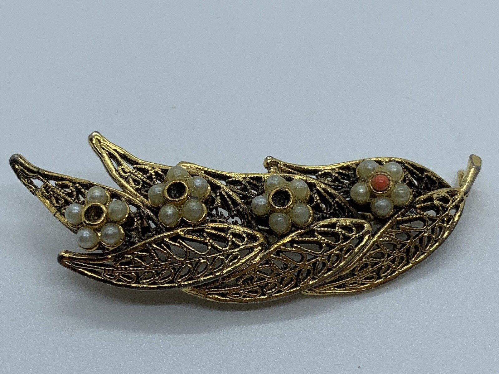Vintage Tacoa Brooch Pin Gold Tone Filigree Seed Pearl Leaf Floral Costume READ
