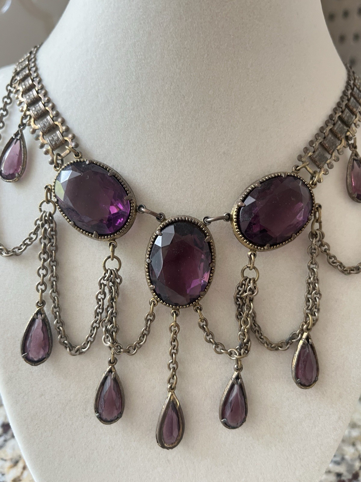 Amazing Antique Billowing Amethyst Colored Stones Bib Collar Necklace