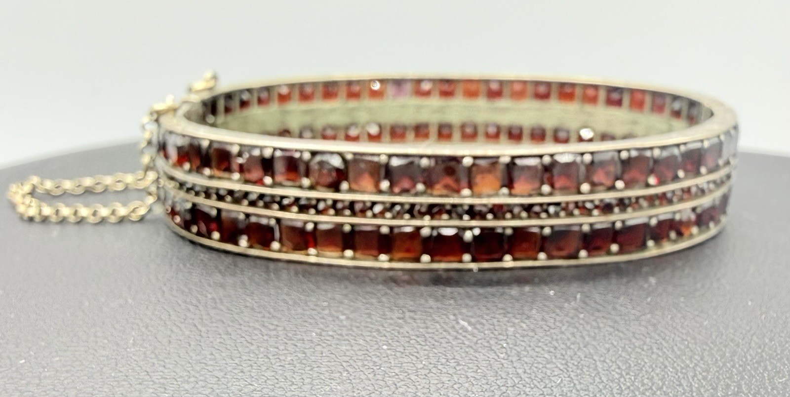 Antique Victorian Bohemian 3 Row Garnet Bangle Bracelet Silvertone