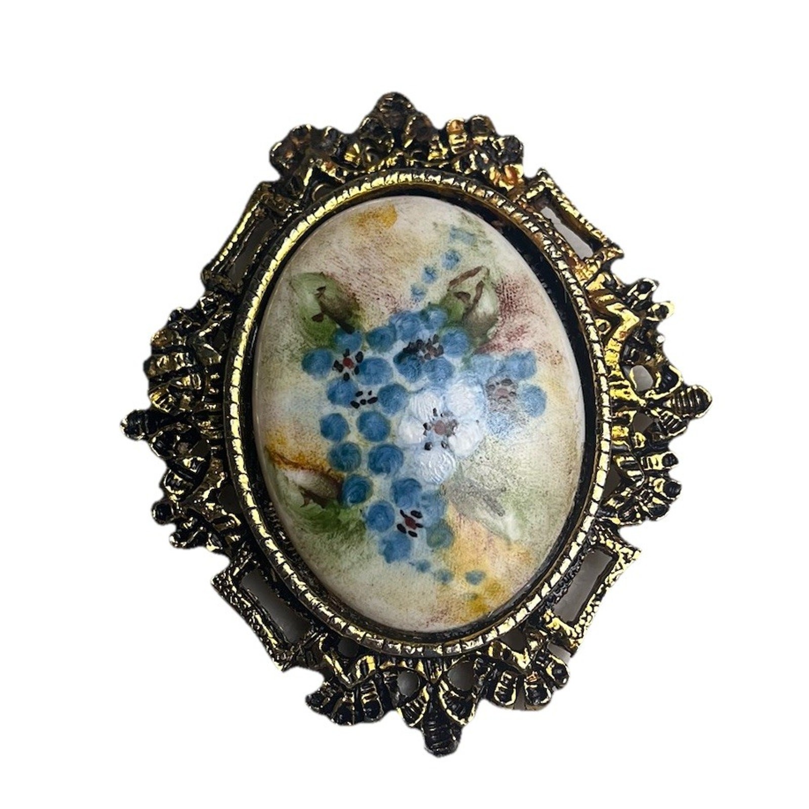 Vintage Hand Painted Violet Blue Forget Me Knots on Porcelain Pendant Pin Brooch