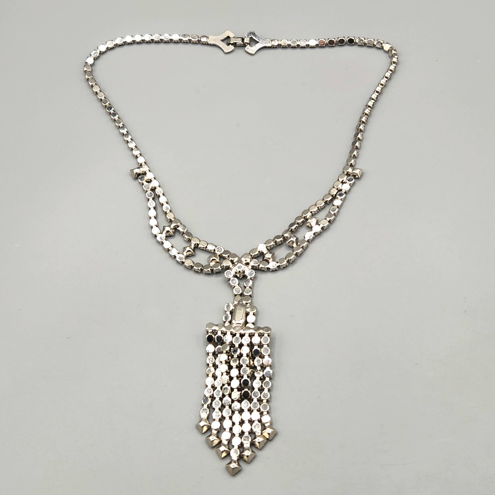 Retro Aqua Light Blue Square Rhinestone Crystal Lavalier Drippy Necklace 16″