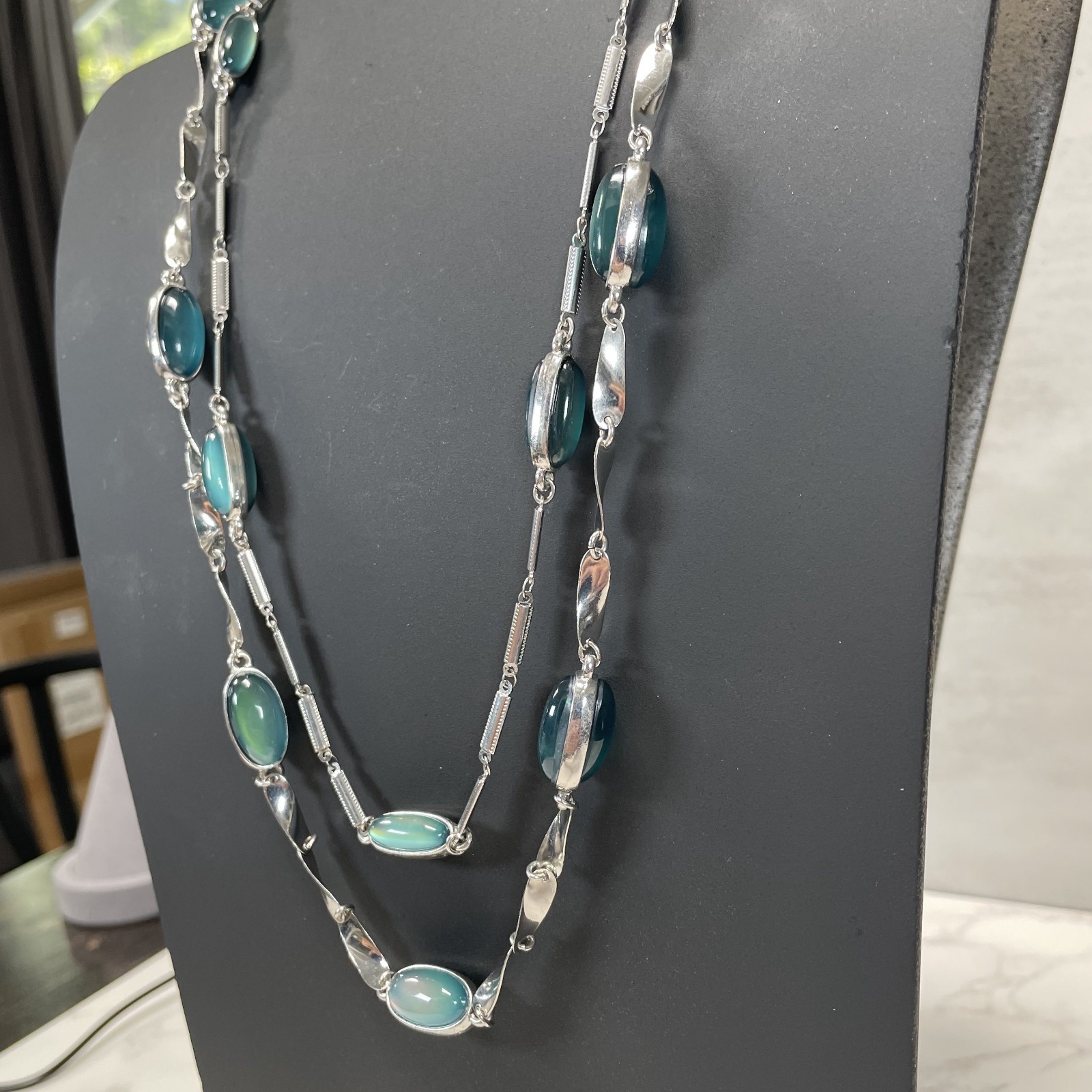 Coldwater Creek Double Strand Station Silver Tone & Green Mood Stones Necklace