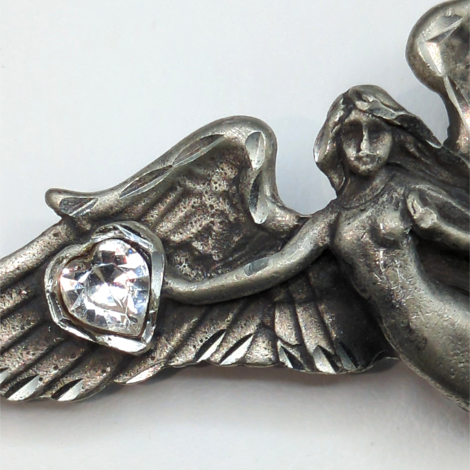 Brooch Pin Vintage Angel Heart Rhinestone Wings Signed EJC or EGC 1994 Pewter?