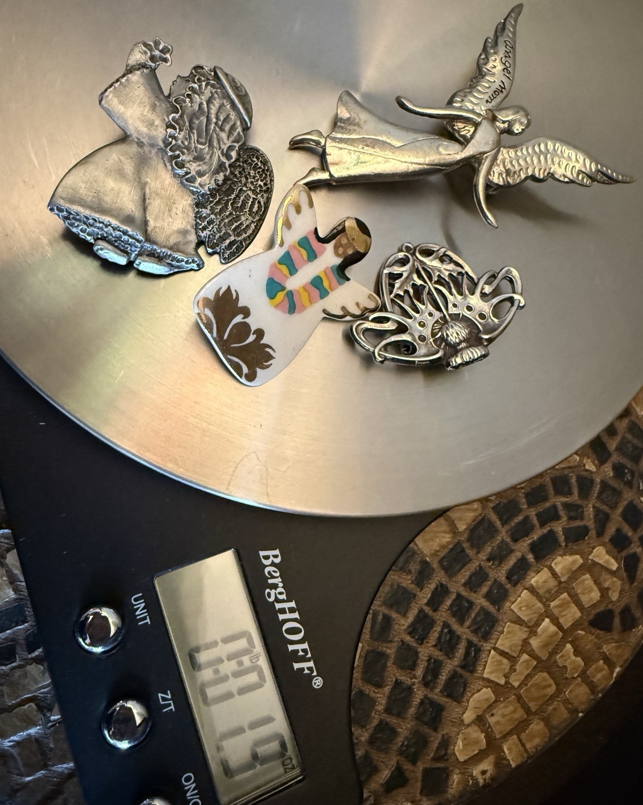 Vintage Antique Angel Lotus Brooch Pins 4 Pewter Ceramic KAHA | HMK. CDS | EUC