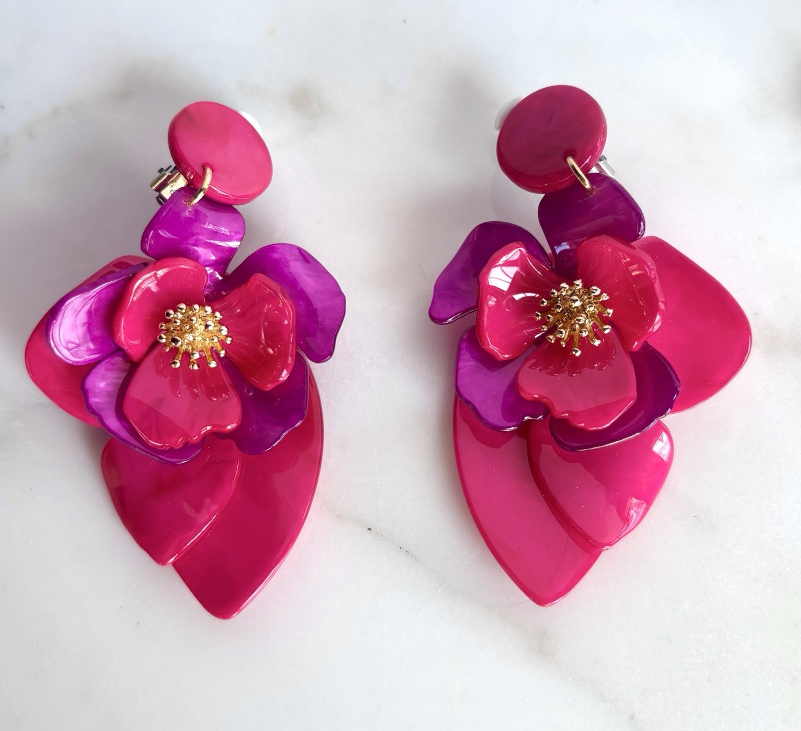 DESIGNER PINK PURPLE RESIN 3 Inch MASSIVE FLOWER BOUQUET CLIP ON EARRINGS NEW