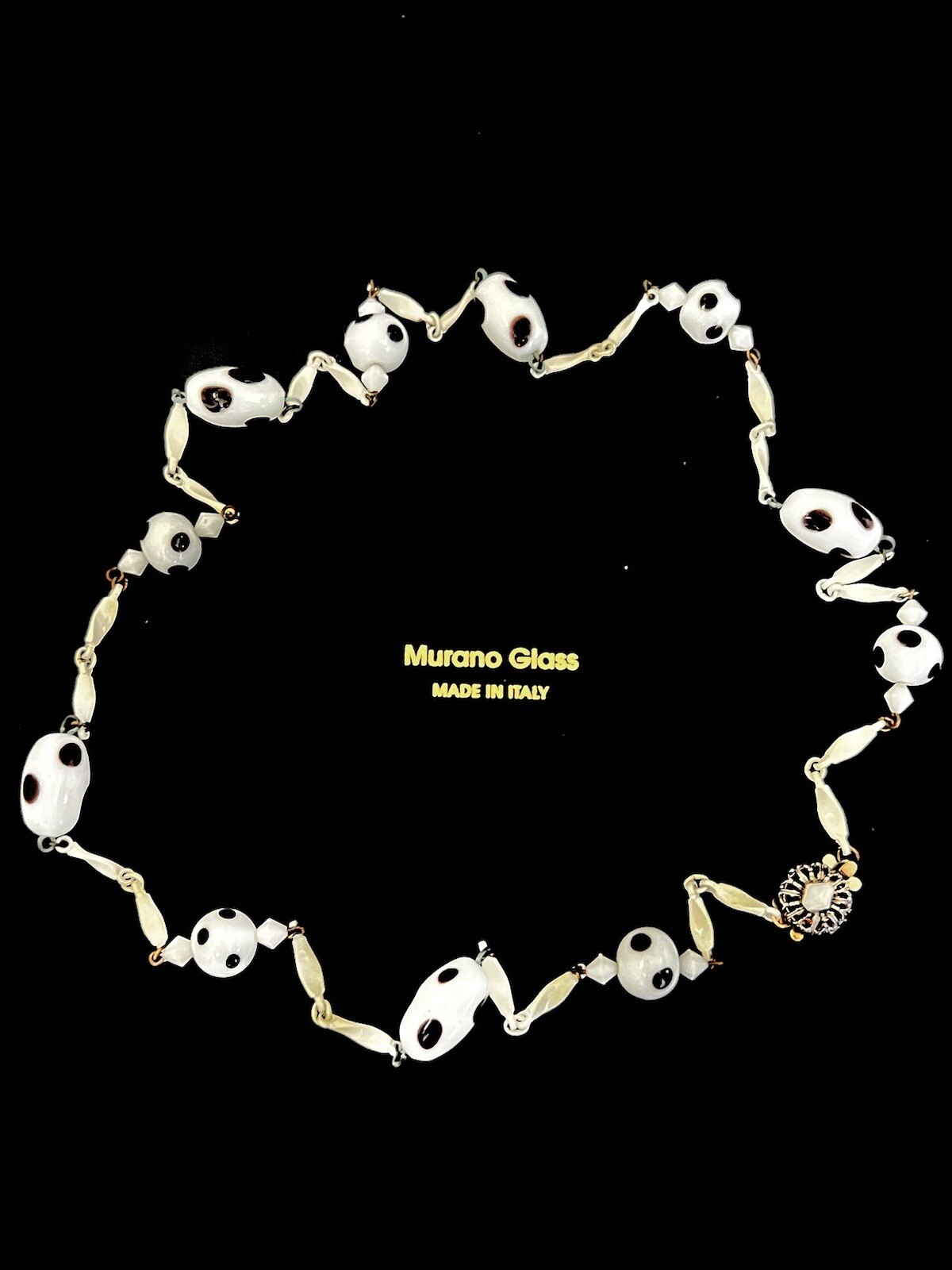 RARE VNTG. MURANO GLASS~BLK&WHT DOTS~ENAMELED BAR LINK STATION NECKLACE ~28”