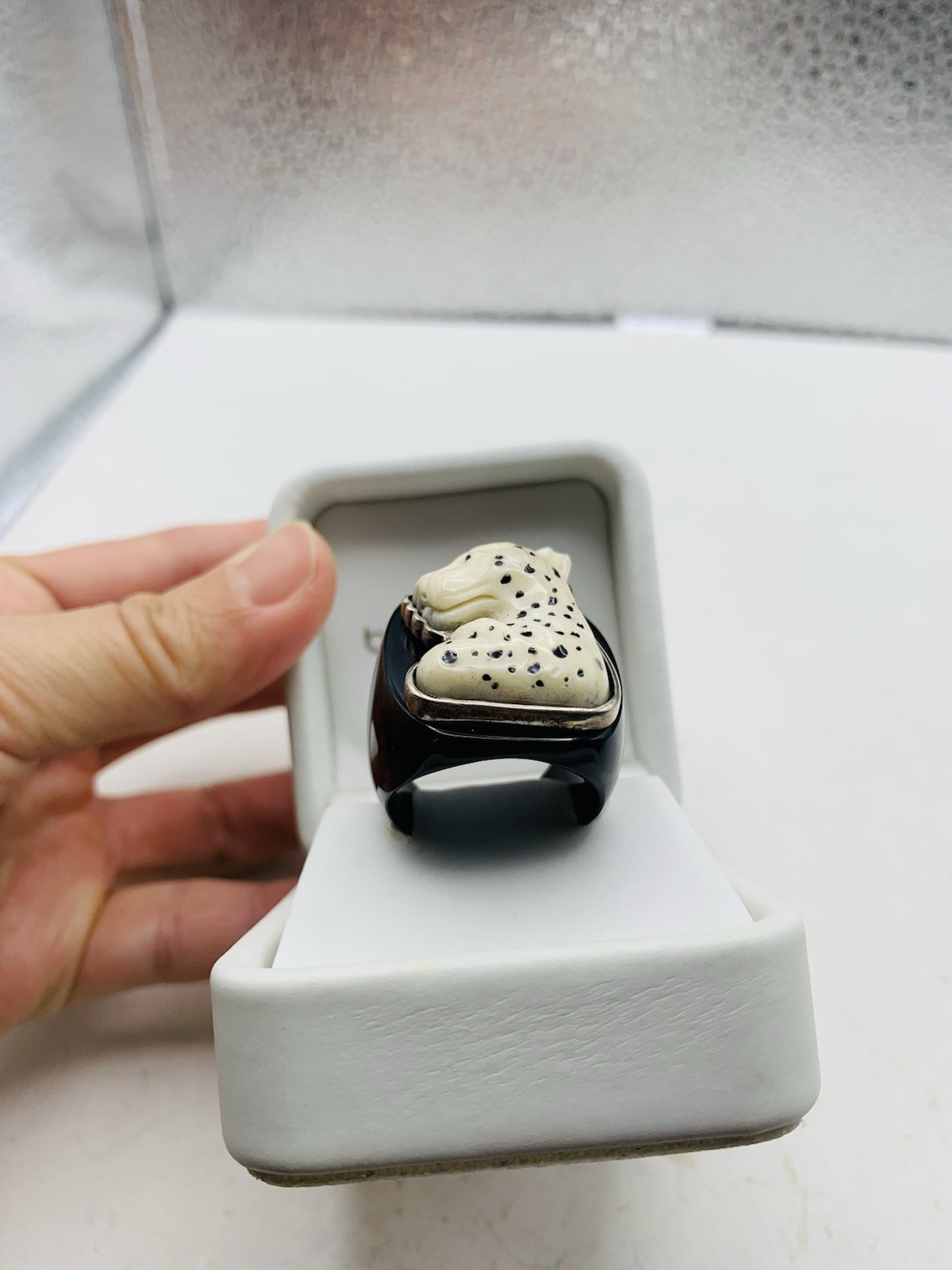 Vintage Unsigned Amy Kahn Russel Sterling Celluloid Leopard Big Cat Sz 9.5 Ring