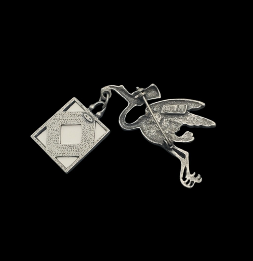 Vintage JJ JONETTE Fantasy Whimsical Flying Stork Bird Photo Frame Pewter Brooch