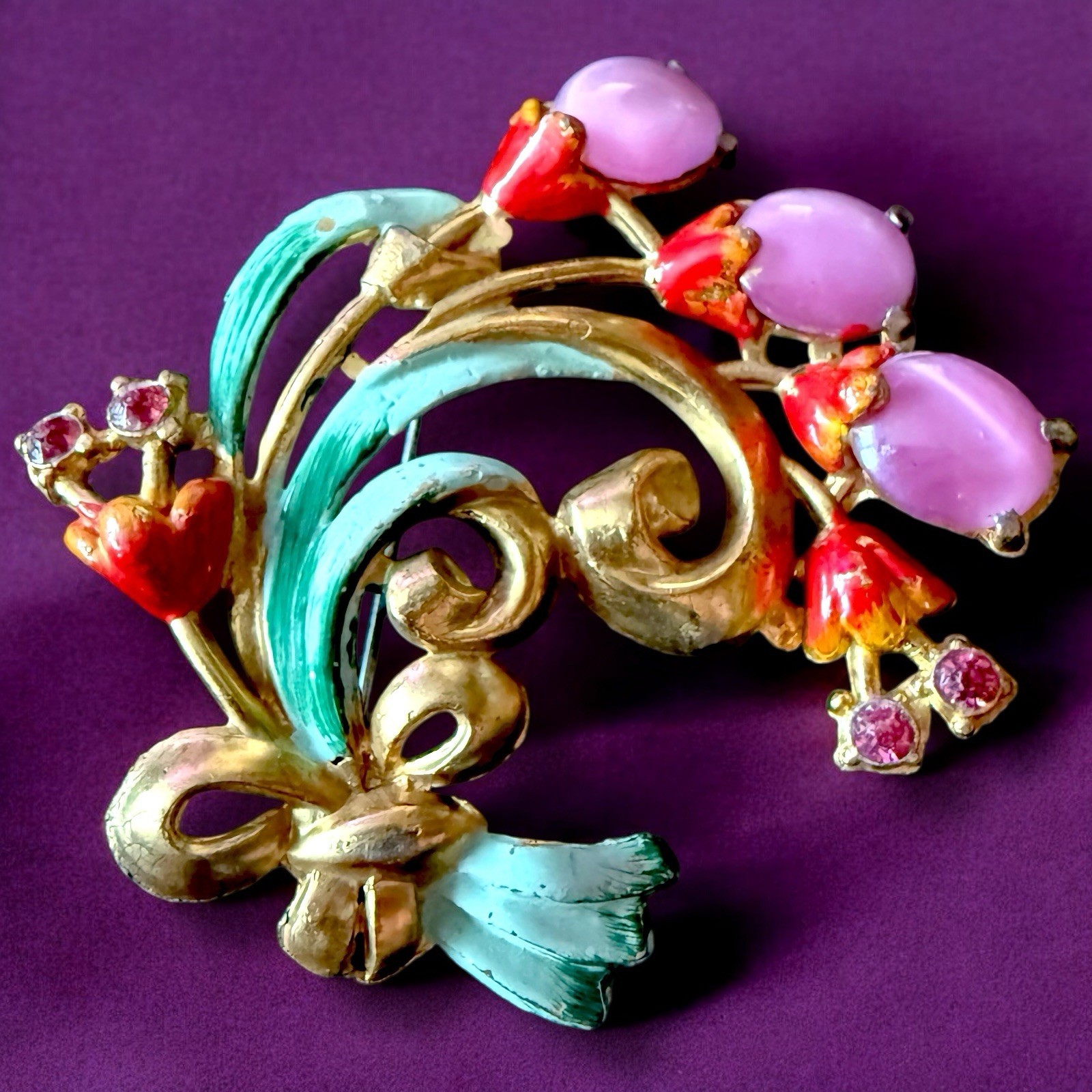 Pot Metal Flower Brooch 1940s Enamel Pink Cabochon Bouquet Vintage Large