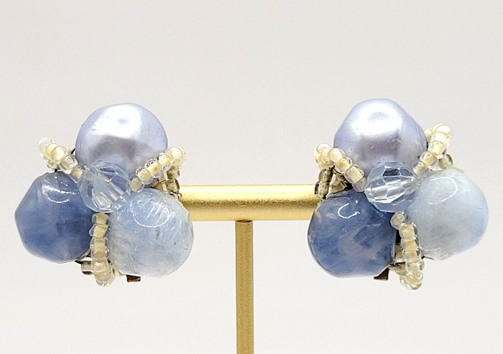 Blue Tones Lucite and Seed Bead Cluster Clip On Earrings 1950s 1960s W Germany
