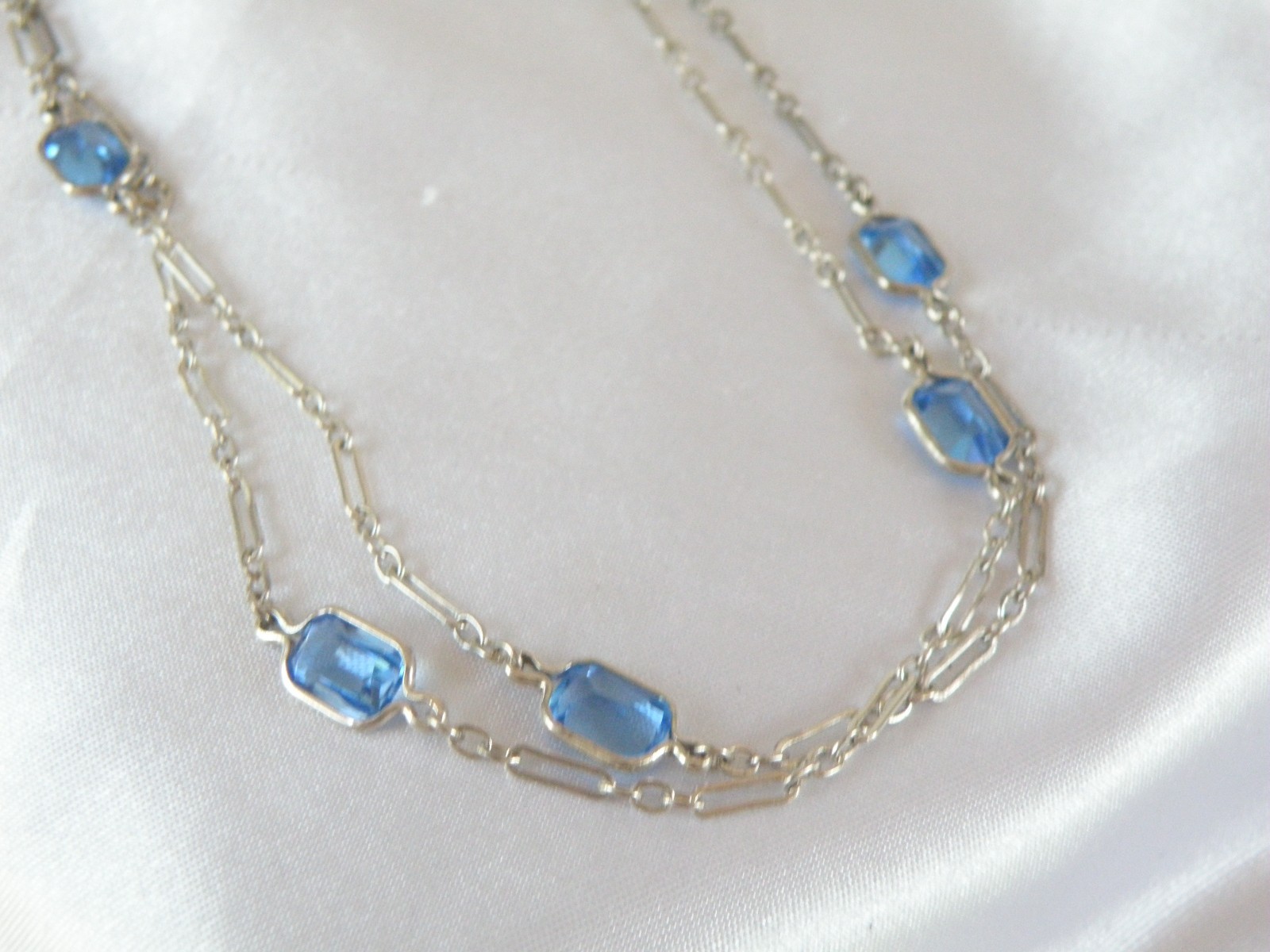 Antique Sterling Silver 925 Blue Gemstone Station Vintage Paperclip Necklace 25″