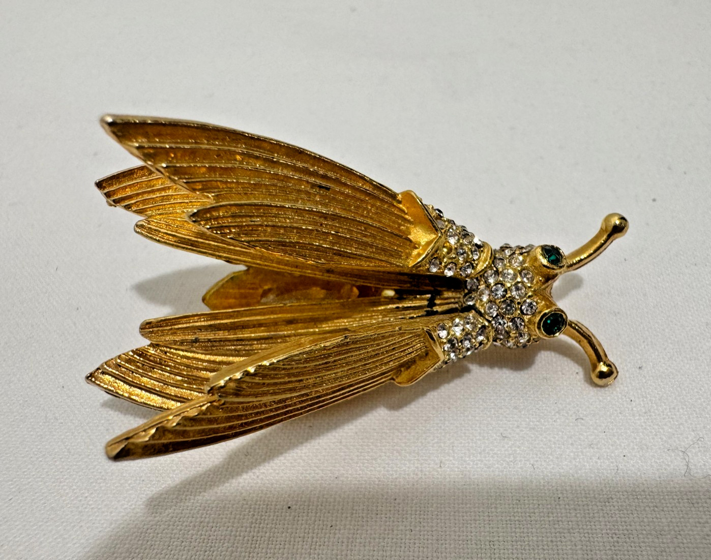 Vintage Rhinestone Trembler Winged Insect Bug Brooch Pin Gold Tone