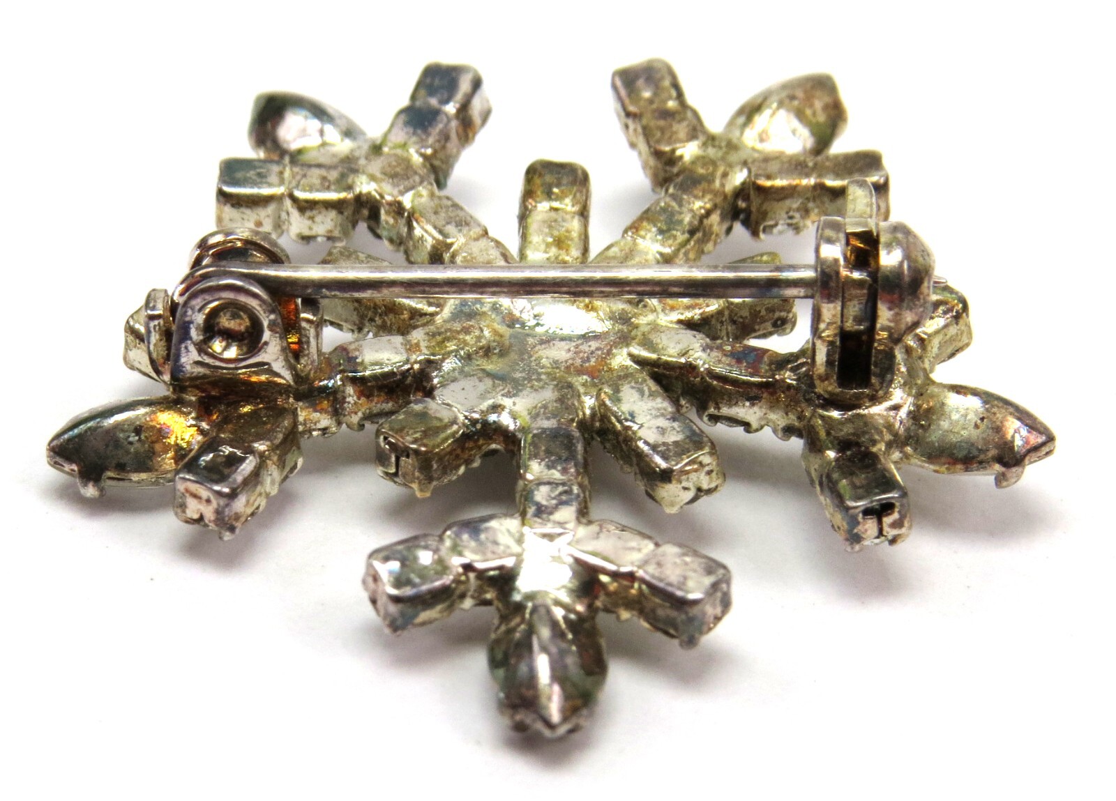 Pretty Rhinestone Snowflake Vintage Brooch, About 1-1/8″ Across – Read