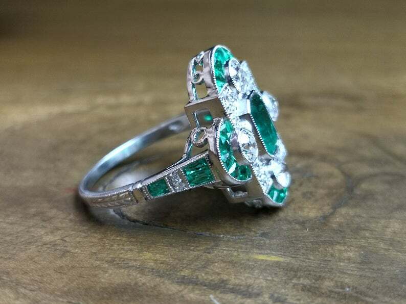 French Art Deco Style Vivid Green Emerald With Shiny White CZ 2.78TCW Fine Ring