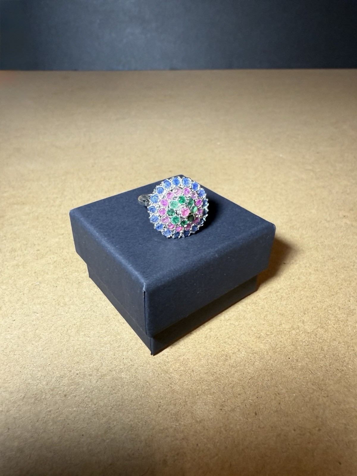 Attractive Vintage Natural Emerald Ruby & Sapphire 925 Sterling Silver Ring 7.25