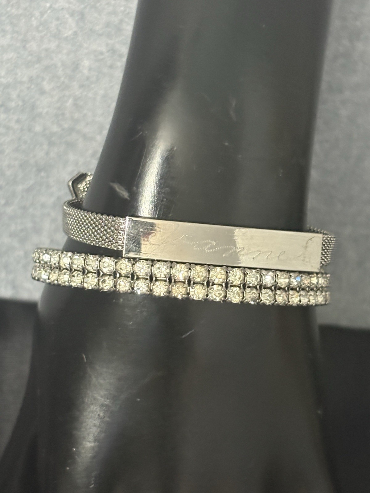 Vintage Bracelet Set Mesh ID Bucket Rhinestone Silver Tone Safety Clasp