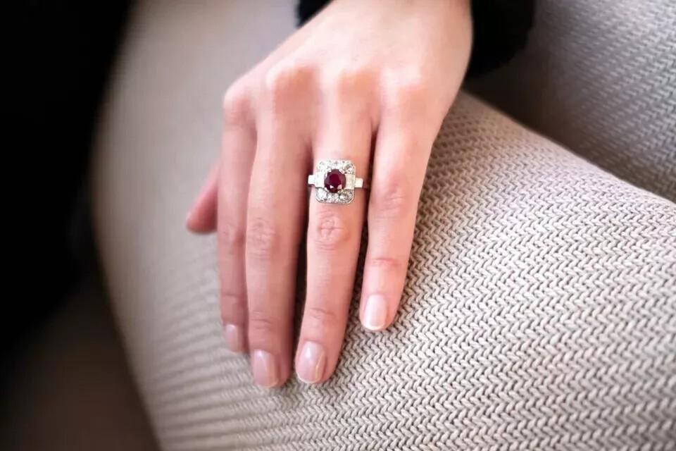 Art Deco Vintage Ruby & Lab Created Diamond Engagement 14K White Gold FN Ring