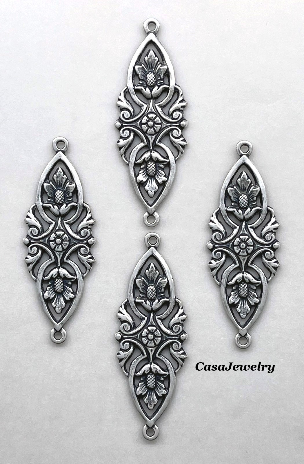 #3477 ANTIQUED .925 STERLING SILVER PLATED ART NOUVEAU DROP W/TOP RING- 4 Pcs