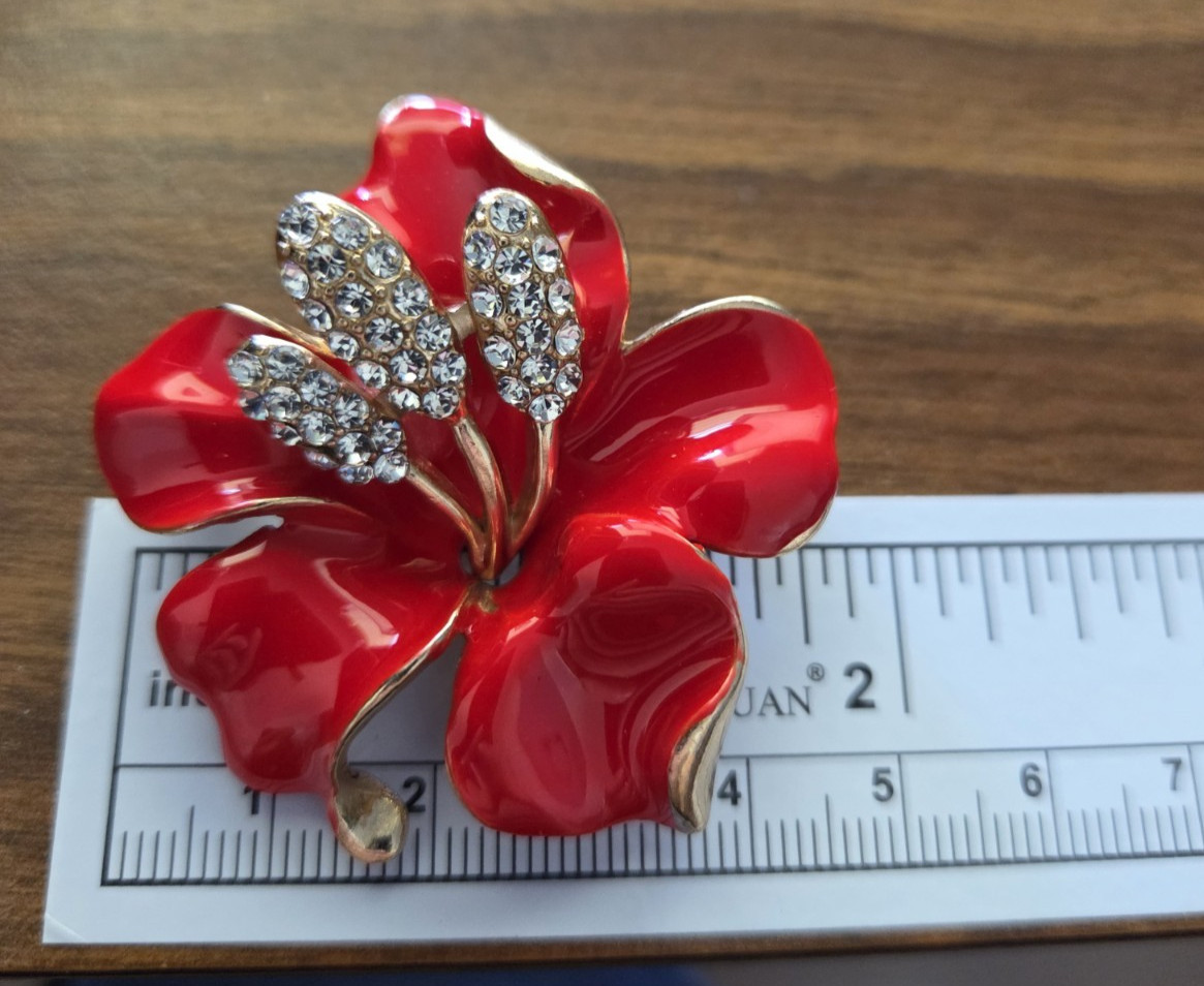 Red Hibiscus Flower Brooch Rhinestone Gold Tone Tropical Cuba Pink Gift Pouch