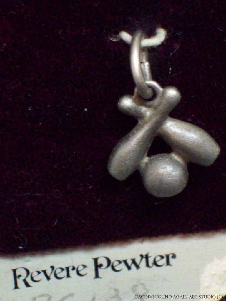 Vintage Revere Pewter Bowling Ball Crossed Pins Charm Small Pendant on Card
