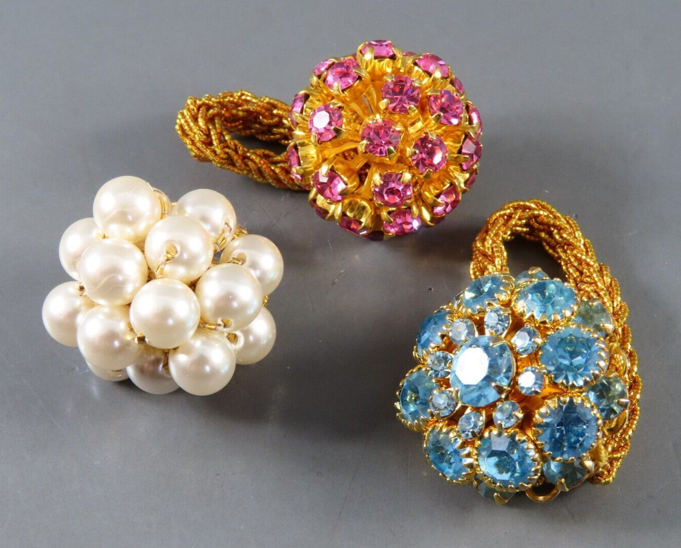 VTG LOT OF 3, Gold Stretch Band Rings FAUX PEARL CLUSTER Blue & Pink Rhinestones