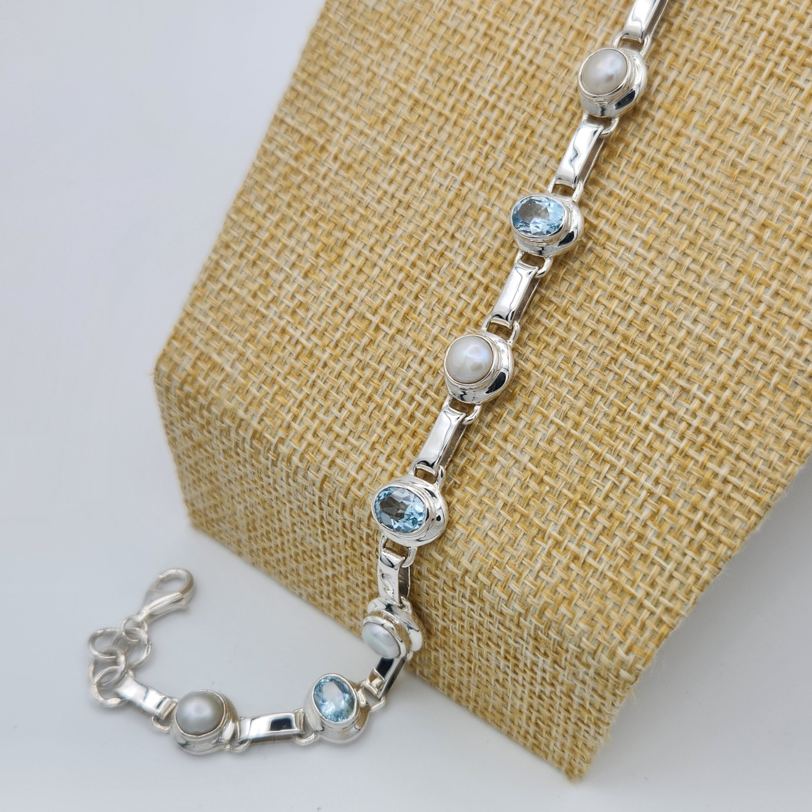 Blue Topaz Bracelet Pearl Sterling Silver Link Gemstone Bezel 925