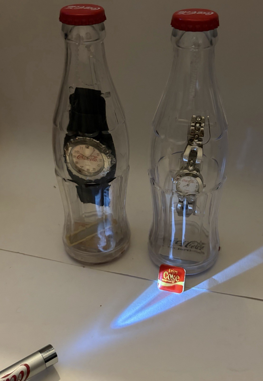 Vintage 4 Pc 2002 Cola Watches In A Bottle & Accessory Lot