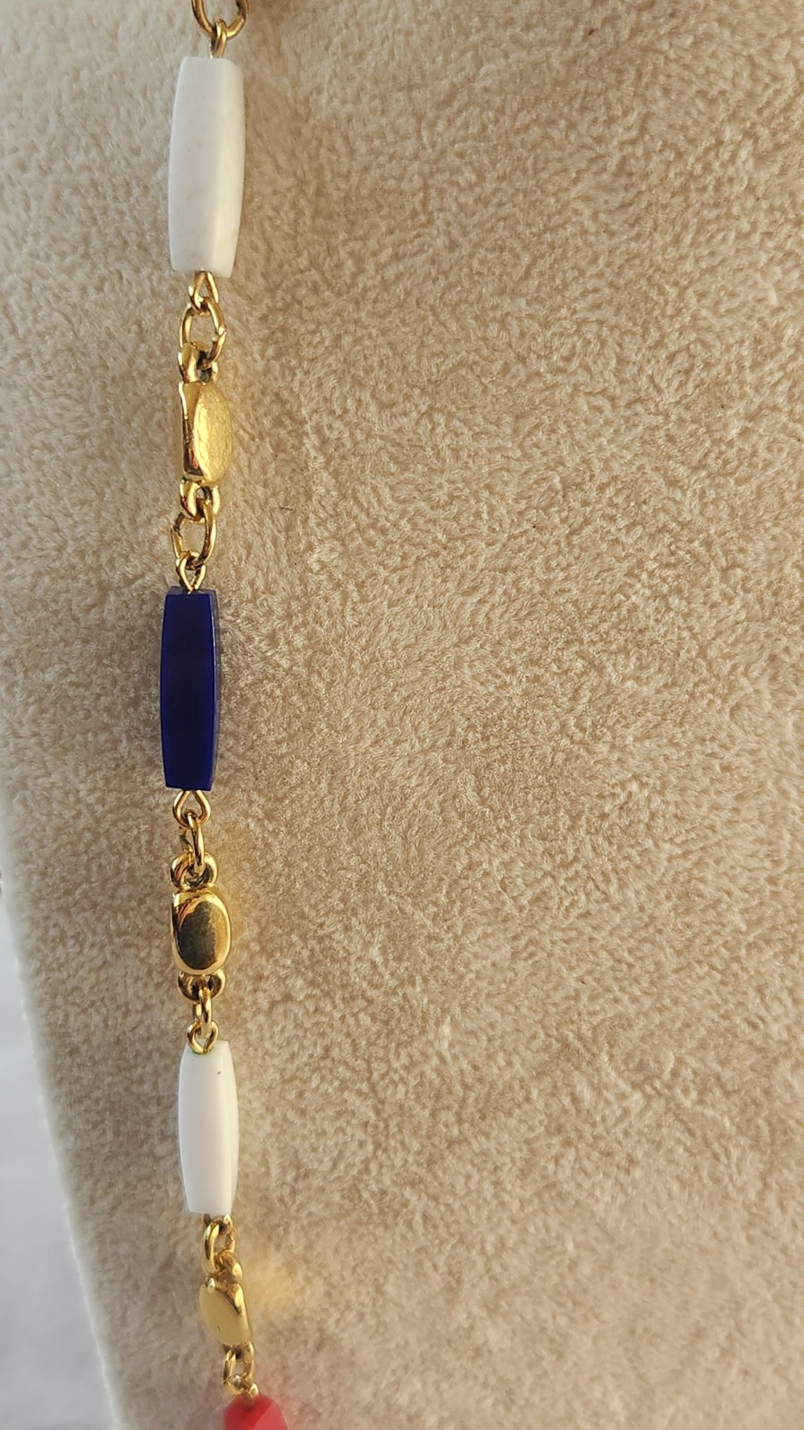 Trifari Necklace Clip On Earrings gold-tone Red, White & Blue Plastic Beads