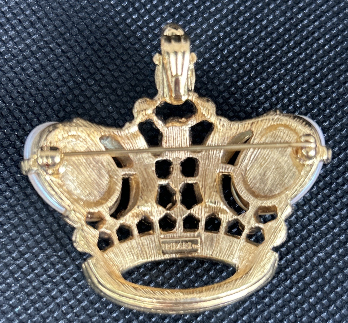 Vintage Trifari Faux Pearl Rhinestone Crown Brooch Pendant Gold Tone Convertible