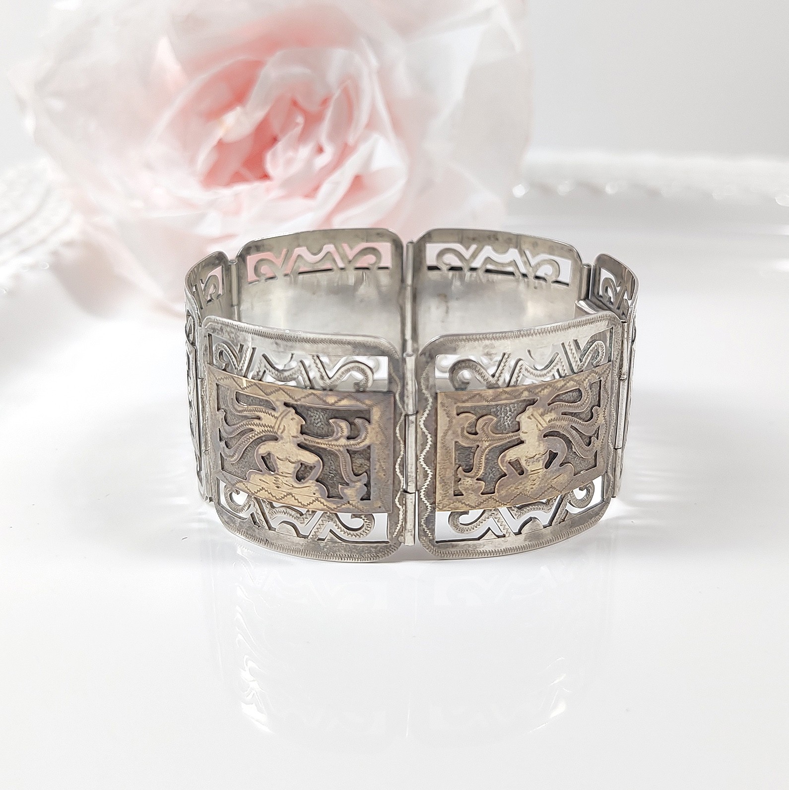 Vintage 60s Guatemala Bracelet 900 Silver Gold Wash Mayan Storyteller Signed 39g