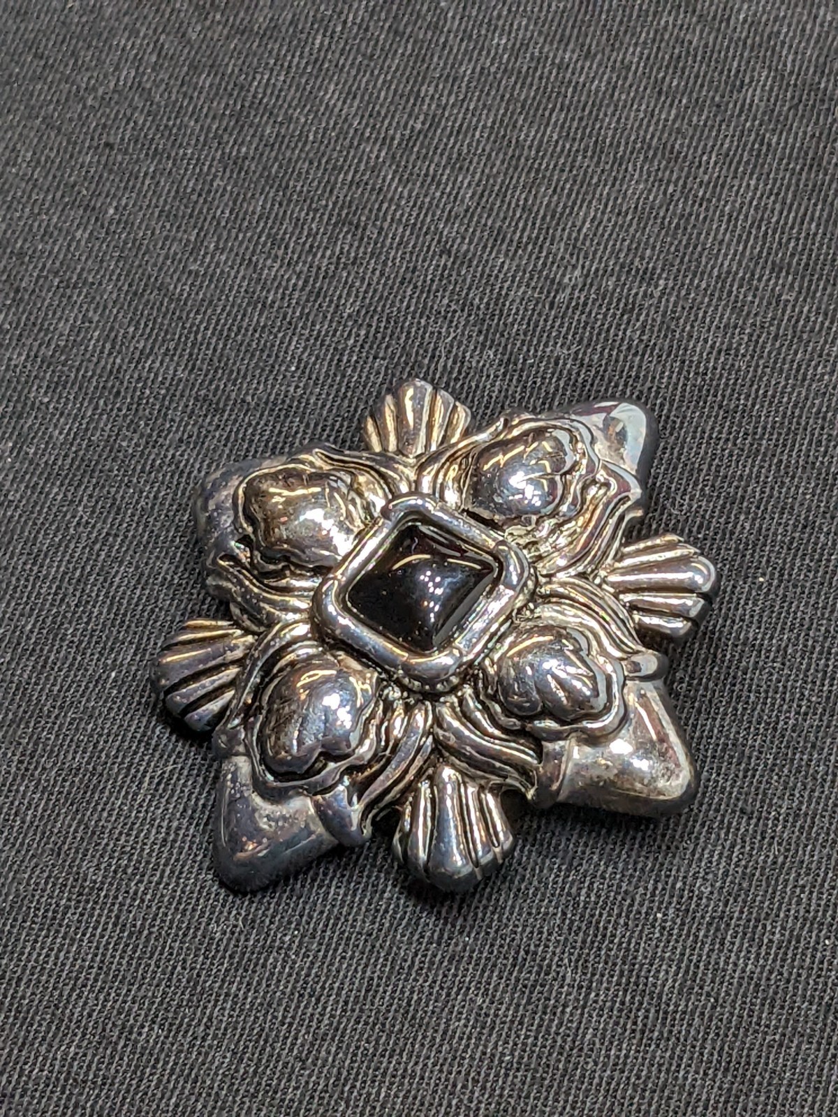 Vintage Monet Gothic Revival Brooch Ornate Silver Tone Pin Black Faux Onyx 70s