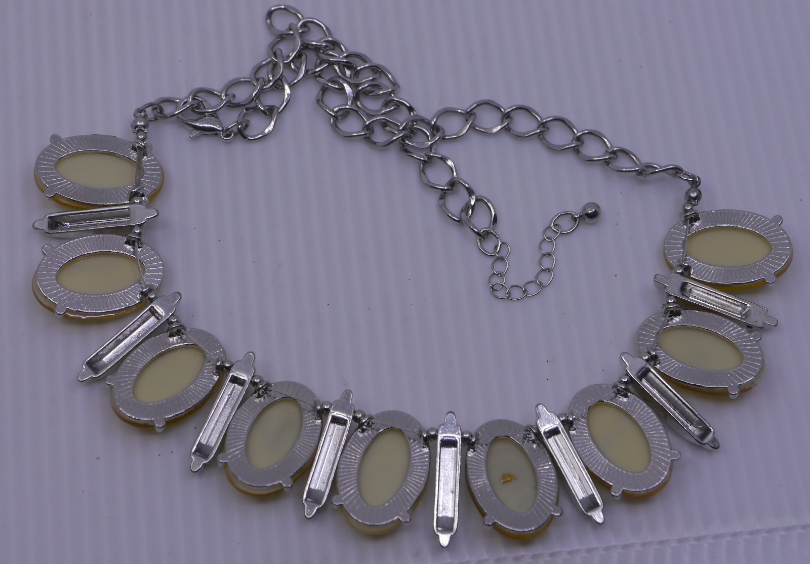 VINTAGE 22.5 IN. NECKLACE & EARRING SET w FAUX YELLOW OPALS, ART DECO DESIGN